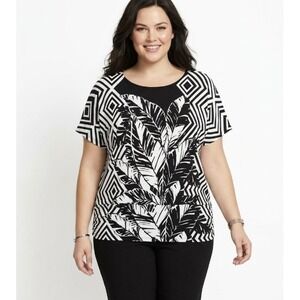 Chico's Black White Leaf Print Soft‎ Stretch Rayon Top XL